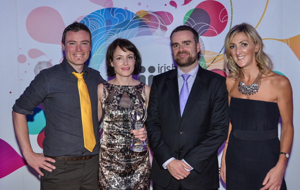YellowSchedule - Winners of Most Indispensable Cloud Service for SMEs sponsored by Telecity Group. Michael Skelly, Martina Skelly (Yellow Schedule), Kevin Barry (Telecity Group) and JoanMulvihill (IIA)