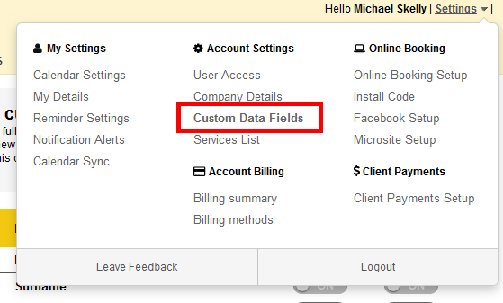 Custom data fields menu